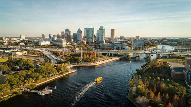 Tampa, FL USA - 1-20-2021: Grandious aerial view over the Hillsborough river leading to downtown Tampa.