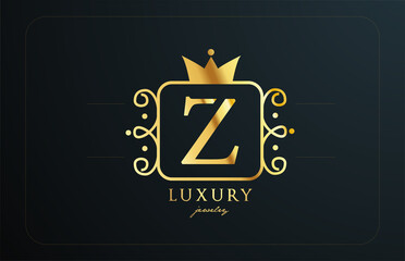 Z monogram golden metal alphabet letter logo icon. Creative design with king crown for luxury company and business