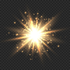 Star burst with sparkles. Golden light flare effect with stars, sparkles and glitter isolated on transparent background. Vector illustration of shiny glow star with stardust, gold lens flare