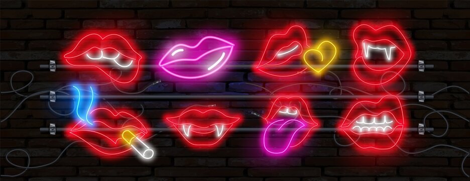 Big neon set of Romantic kiss, kissing couple lip bar. Vector set of realistic isolated neon erotic lips sign for decoration and covering on the wall background.