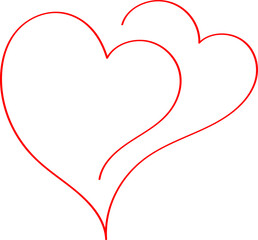 Two red hearts - contour drawing for emblem or logo. Template for a greeting card for Valentine's day, romantic sign of lovers.