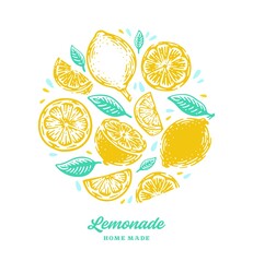 Hand drawn lemon, lemon slice, speech bubble with circle shaped