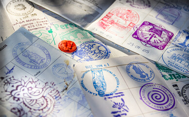 Albergue Hostel Stamps in Pilgrim Passport Credencial on Camino de Santiago St James Way Pilgrimage...