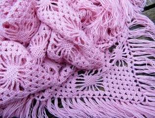 Pink tasseled hand knitted shawl wrap
