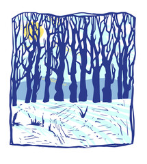 Picture of a winter forest. Winter landscape vector engraving. Picture of sun, clouds, mountains and forest.