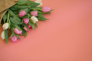 Tulips on a pink background for a Womens Day, Mother Day, 8 march or Valentines day. The concept of holidays and good morning wishes.
