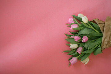 Tulips on a pink background for a Womens Day, Mother Day, 8 march or Valentines day. The concept of holidays and good morning wishes.