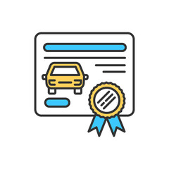 Approved repair RGB color icon. Car insurance. Certified document for repaired automobile. Vehicle quality guarantee. Legal report for automotive transport. Isolated vector illustration