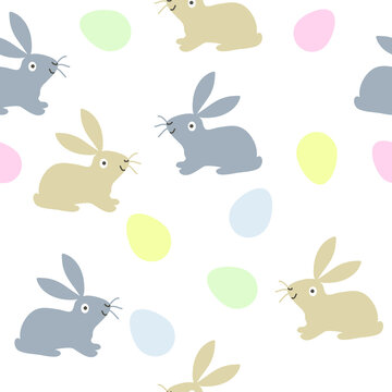 Easter background in pastel colors. Cute vector seamless pattern with Easter rabbits, eggs isolated on white background.