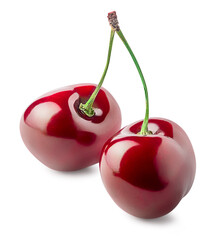 Two cherry fruits with green stem isolated on white background. Clipping path
