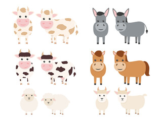 Farm animals set. Bull, cow, donkey, horse, sheep and goat flat character. Vector illustration isolated on white.