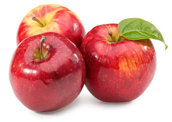 red apple with green leaf isolated on white background. clipping path.