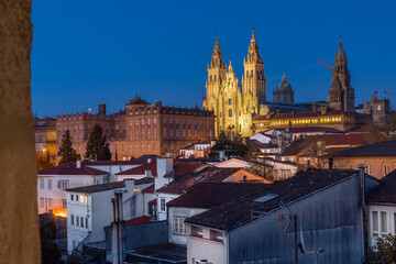 Evening Sunset View of Santiago de Compostela  Pilgrimage Cathedral UNESCO World Heritage on Pilgrim Way of St James, and city skyline at Blue Hour