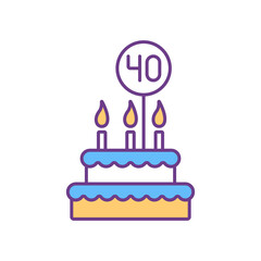 40 birthday cake RGB color icon. Fourty years anniversary celebration. Festive cake with candles, icing and decorations. Special occasion. Congratulate with birthday. Isolated vector illustration