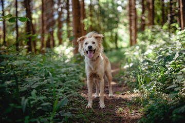 Half breed dog in the nature. Dog walking and running in the forest and have fun