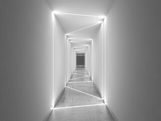 Empty white tunnel perspective with concrete floor, 3d