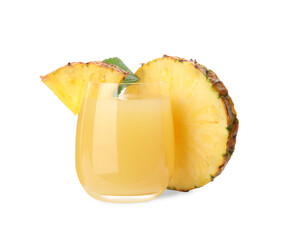 Delicious fresh pineapple juice with mint isolated on white