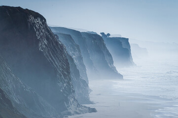 Stunning Misty Cliffs of California Coastline along San Gregorio State beach. California, USA,...