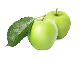 Fresh green apples with leaf isolated on white