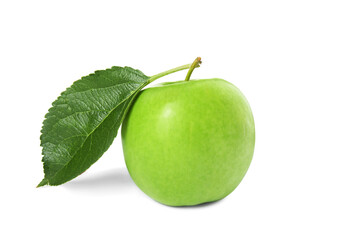 Fresh green apple with leaf isolated on white