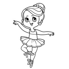 Cute cartoon little ballerina girl in lush tutu and pointe dancing on one leg outlined for coloring isolated on a white background