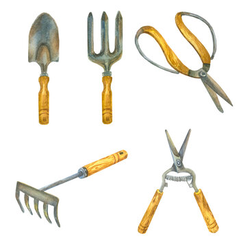 Modern rustic set with gardening tools metal wooden on white background.Springtime. Farm.