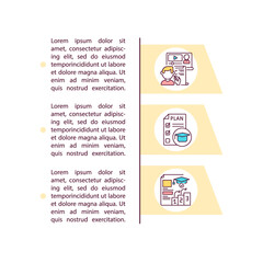 Obraz premium Up-to-date curriculum concept icon with text. Lessons and academic content. Materials and assignments. PPT page vector template. Brochure, magazine, booklet design element with linear illustrations