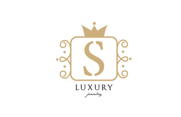 S simple yellow monogram alphabet letter logo. Creative icon design with king crown for luxury business and company
