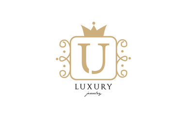 U simple yellow monogram alphabet letter logo. Creative icon design with king crown for luxury business and company