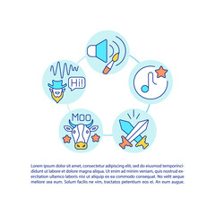 Sound design concept icon with text. Creating audio tracks for video games. Making auditory elements. PPT page vector template. Brochure, magazine, booklet design element with linear illustrations