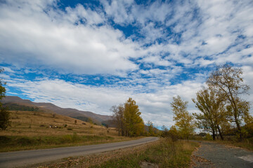 Fototapeta na wymiar Beautiful autumn landscape with road anf fabulous clouds, Armenia