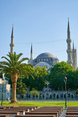 Obraz premium Bright summer day the Blue mosque view at Sultanahmet square in Istanbul city