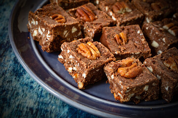 Healthy homemade keto chocolate brownies with lots of pecans.