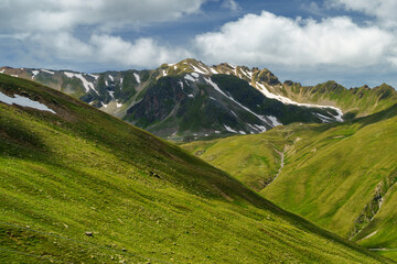 Mountain landscape along the road to Stelvio pass (Lombardy) at summer