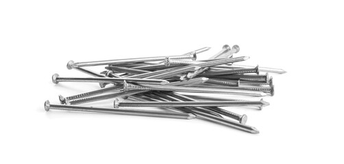 Pile of metal nails on white background