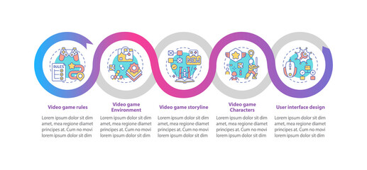 Video game design components vector infographic template. Video name rules presentation design elements. Data visualization with 5 steps. Process timeline chart. Workflow layout with linear icons