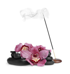 Incense stick smoldering in holder near orchid flowers and spa stones on white background