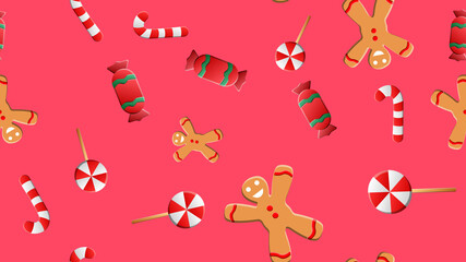 seamless pattern with Christmas items: sock, scarf, cup, cookie, ball, garland, branch, leaf. Texture, holiday
