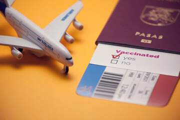 Traveling during COVID-19 virus, passport with airline ticket, covid-19 vaccinated card with 