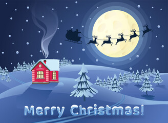 Fototapeta na wymiar Cristmas snowing landscape with going santa at front the moon