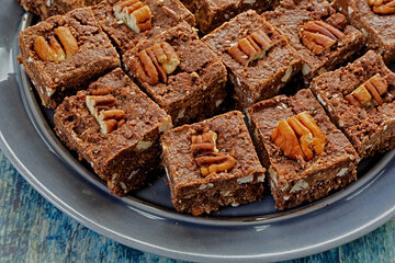 Healthy homemade keto chocolate brownies with lots of pecans.