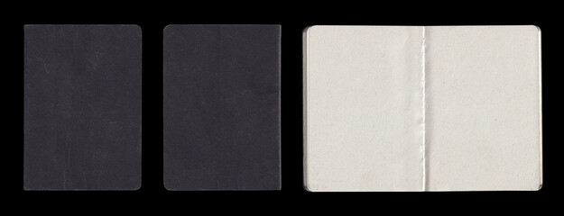 Old Black Gray Shabby Notebook Notepad Book Booklet. Back Front Inside. Paper Texture Isolated on Black - 407507175