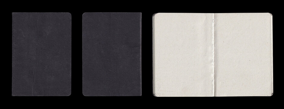 Old Black Gray Shabby Notebook Notepad Book Booklet. Back Front Inside. Paper Texture Isolated On Black