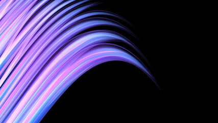 Beautiful bright motley purple pink abstract energetic magical cosmic fiery neon texture from lines and stripes, waves, flames with curves and twists on a black background and copy space.