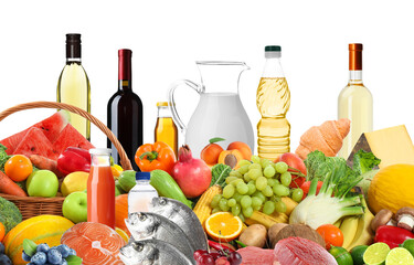 Assortment of fresh organic products on white background. Balanced food