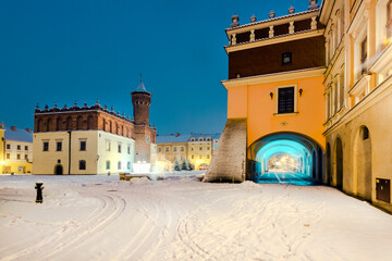 City Hall on Main City Square in Old Town. Tarnow Market Square in Snow at Winter. City Lights.Poland © marcin jucha