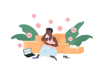 Shopaholic flat color vector detailed character. Woman addicted to buying clothes. Sale, black friday. Shopaholism isolated cartoon illustration for web graphic design and animation