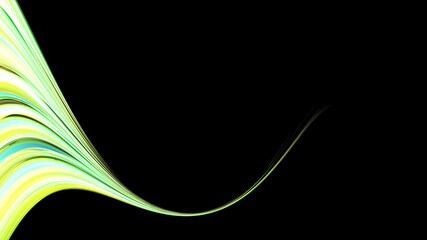 Beautiful bright yellow green abstract energetic magical cosmic fiery texture of lines and stripes, waves, flames with curves turning into infinity on a black background. Copy space.