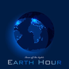 Earth hour vector illustration, banner, background in blue colors. EPS10. Electric lights on a world map. Lights are turned off and the Earth becomes dark