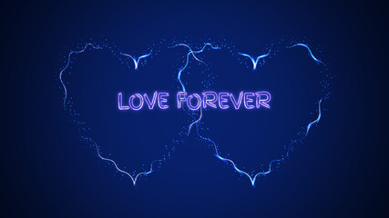 Two beautiful blue abstract magical energy electric fiery shiny glowing festive hearts with sparks on a blue background and the inscription love forever.  illustration